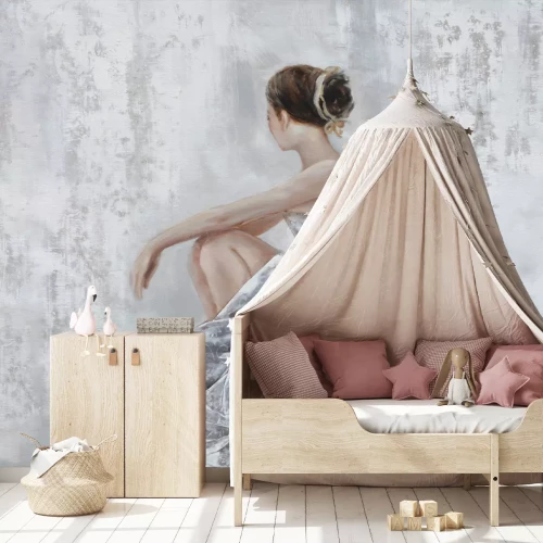 Fototapete Ballerina im weißen Kleid auf Beton