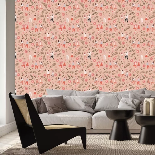 Fototapete Menschen, die zwischen Blumen und Blättern tanzen