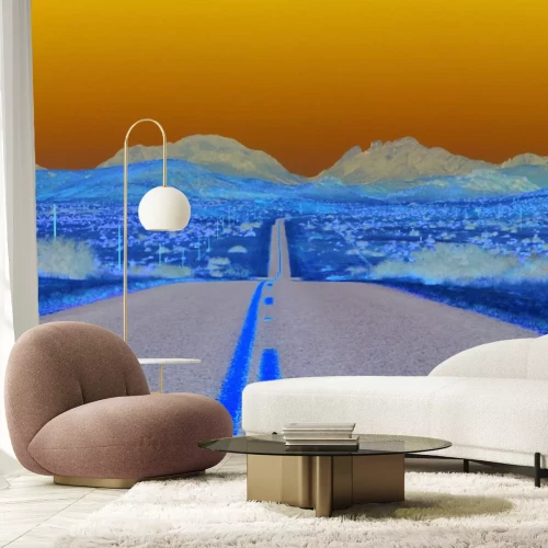 Fototapete Betonstraße, die durch die Mitte der Wüste führt