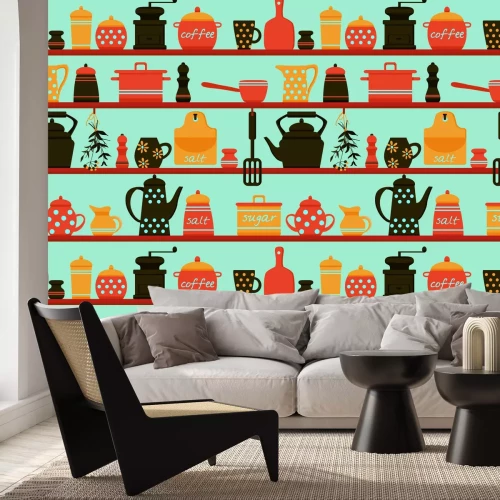 Fototapete Porzellangeschirr in den Regalen