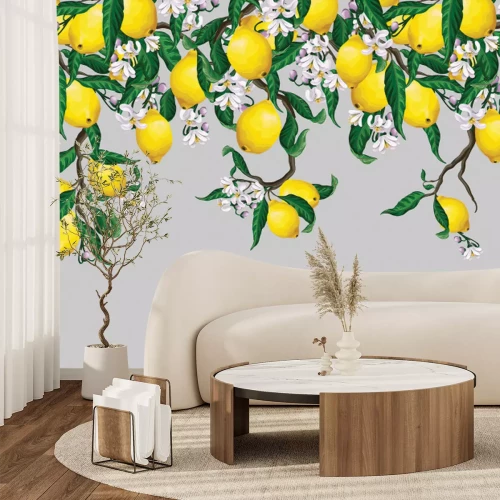 Fototapete Zitronen umgeben von Blumen und Blättern