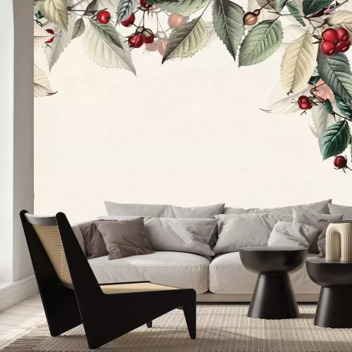 Fototapete Rote Vogelbeerbeeren zwischen Blättern