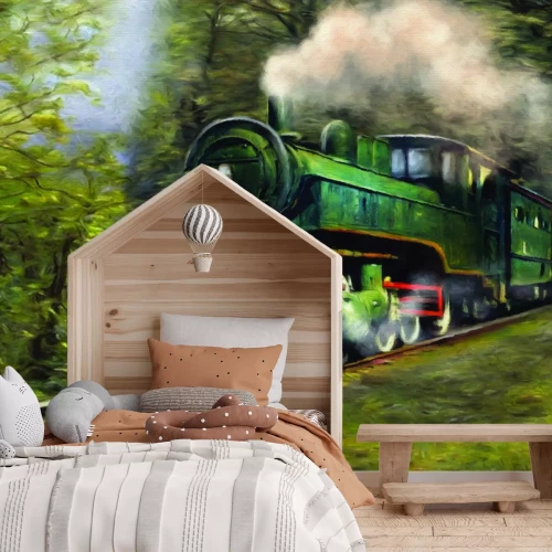 Fototapete Gemaltes Muster mit einem Zug im Wald