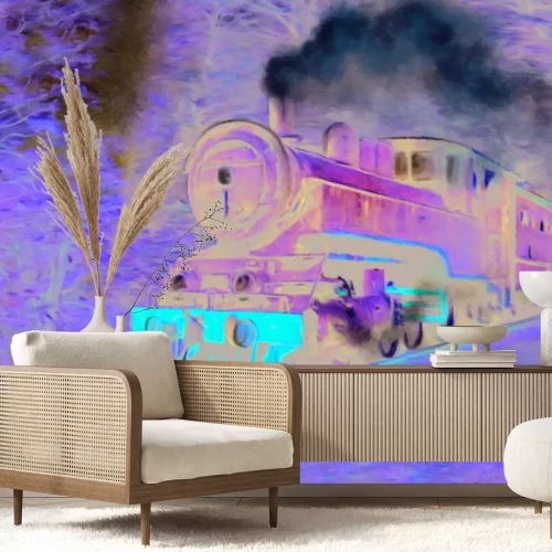 Fototapete Gemaltes Muster mit einem Zug im Wald