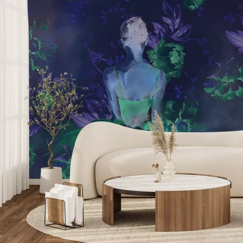 Fototapete Frau in einem rosa Kleid zwischen Blumen