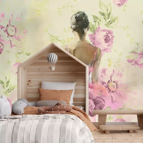 Fototapete Frau in einem rosa Kleid zwischen Blumen