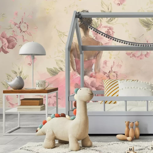 Fototapete Frau in einem rosa Kleid zwischen Blumen