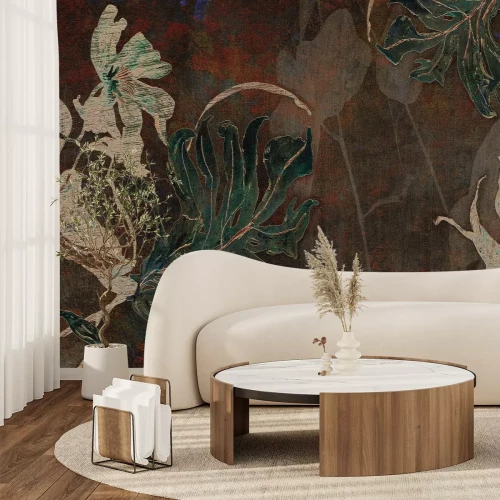 Fototapete Tropische Blätter auf brauner Textur