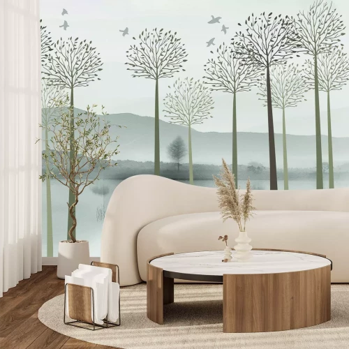 Fototapete Bäume am Fluss vor einem Bergpanorama