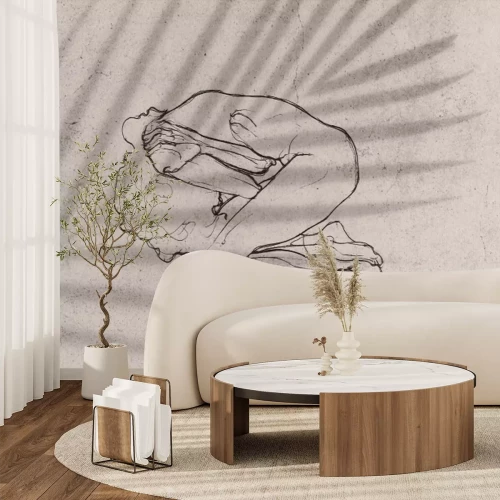 Fototapete Frau liegend vor einem Palmenblatt-Hintergrund