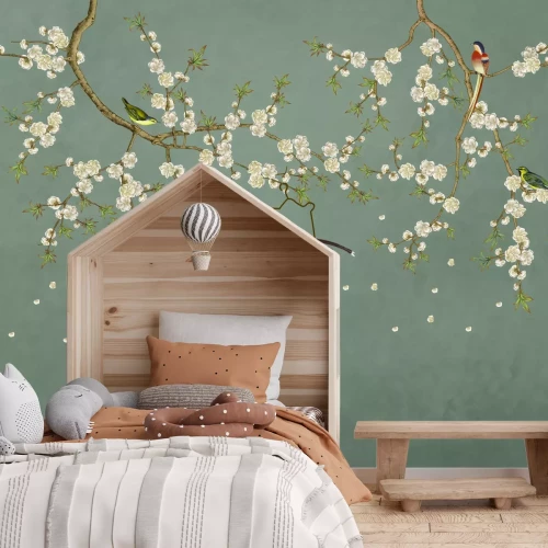 Fototapete Kirschblütenzweige mit Vögeln