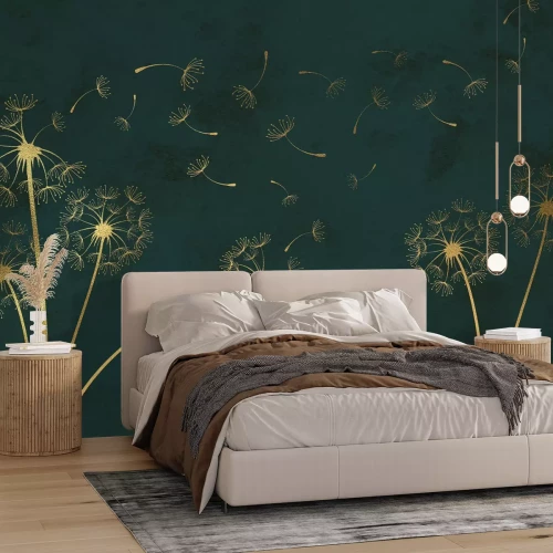 Fototapete Goldene Löwenzähne auf grünem Hintergrund