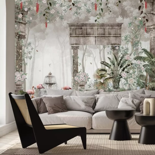 Fototapete Tropischer Wald mit einem Brunnen und Säulen