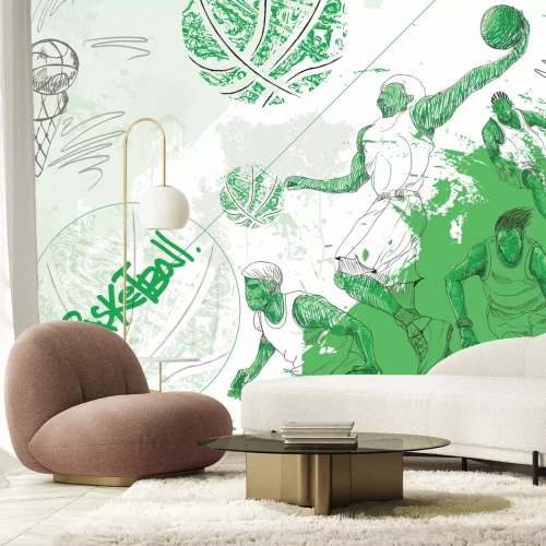 Fototapete Basketballspieler, die im Grün zum Korb werfen