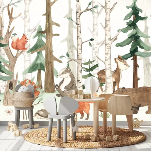 Fototapete Malerische Waldlandschaft mit einem Bären