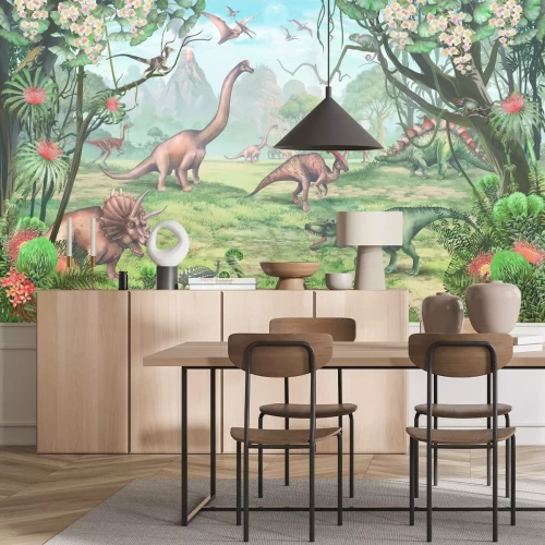 Fototapete Dinosaurier in den Tropen mit Vulkanen