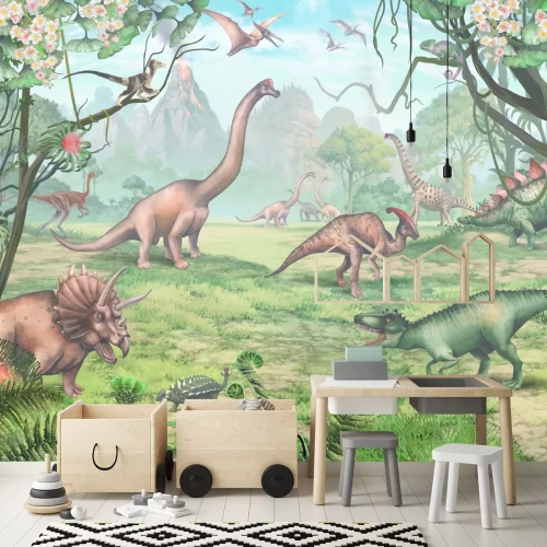 Fototapete Dinosaurier in den Tropen mit Vulkanen