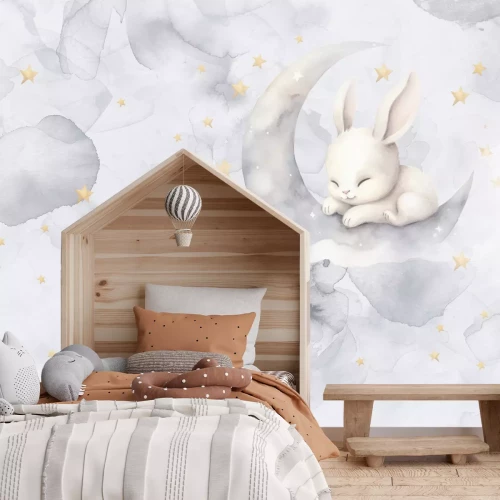 Fototapete Aquarell des Himmels mit einem Kaninchen auf dem Mond