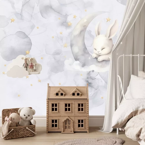 Fototapete Aquarell des Himmels mit einem Kaninchen auf dem Mond