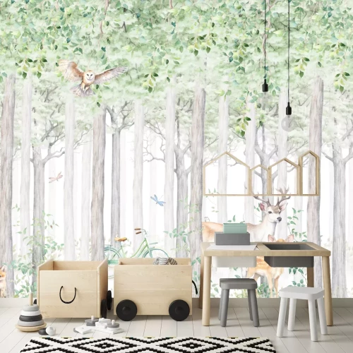 Fototapete Waldbewuchs mit einem Hirsch und einem Reh