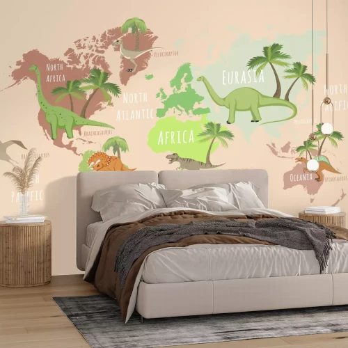 Fototapete Weltkarte mit Dinosauriern und Palmen