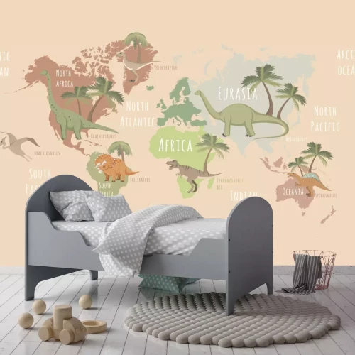 Fototapete Weltkarte mit Dinosauriern und Palmen