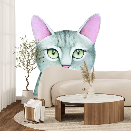 Fototapete Zeichnung einer grauen Katze auf weißem Hintergrund