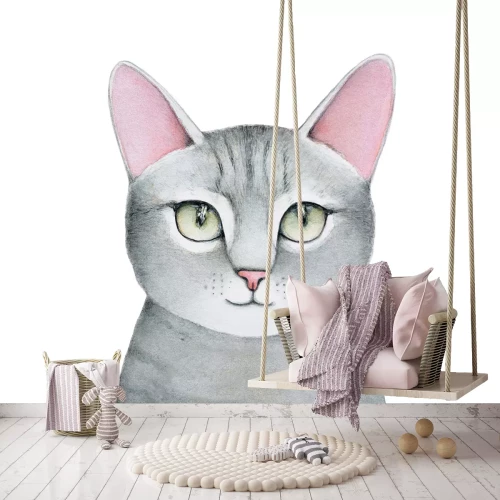 Fototapete Zeichnung einer grauen Katze auf weißem Hintergrund