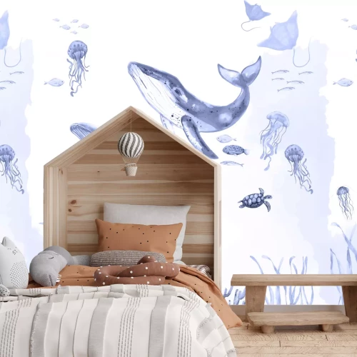 Fototapete Wal mit Quallen zwischen Meerespflanzen