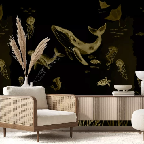 Fototapete Wal mit Quallen zwischen Meerespflanzen