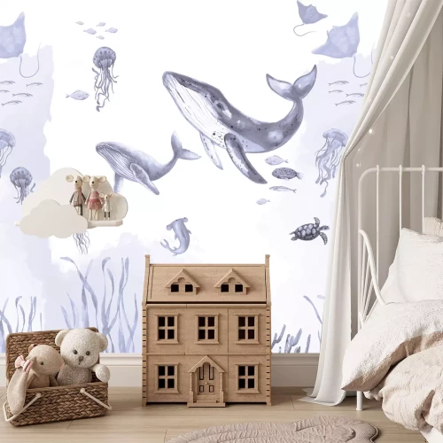 Fototapete Wal mit Quallen zwischen Meerespflanzen