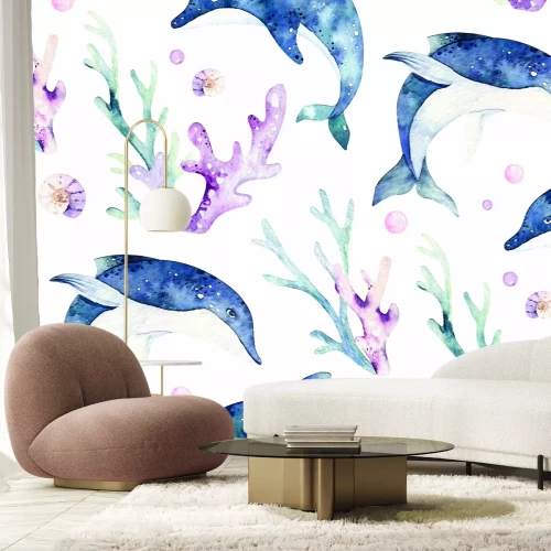 Fototapete Gemaltes Bild mit Delfinen und Riff