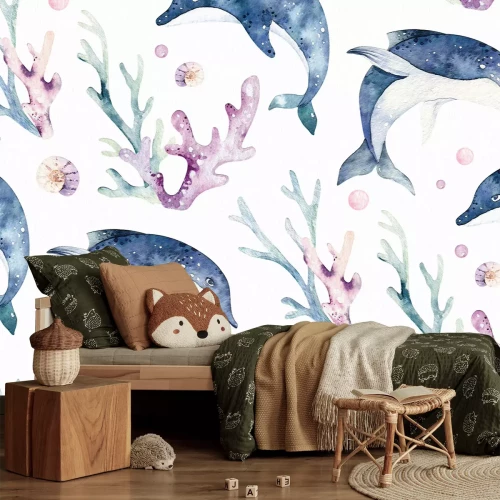 Fototapete Gemaltes Bild mit Delfinen und Riff