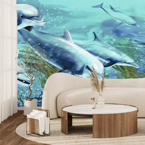 Fototapete Delfine, die unter Korallenriffen schwimmen