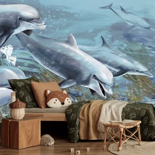 Fototapete Delfine, die unter Korallenriffen schwimmen