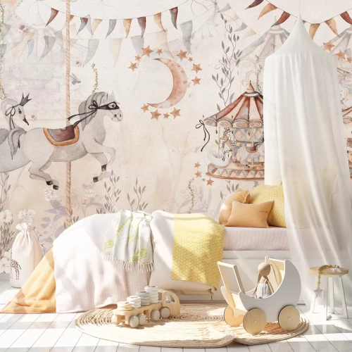 Fototapete Märchenhafte Vegetation mit Karussells und Pferden