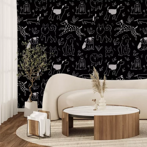 Fototapete Gezeichnete Hunde auf einer Blumenwiese