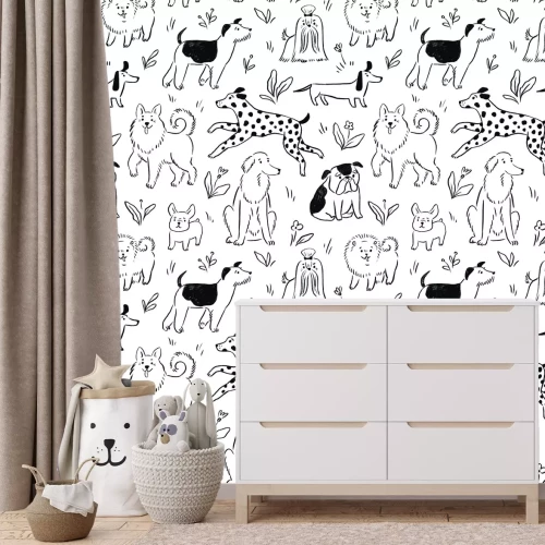 Fototapete Gezeichnete Hunde auf einer Blumenwiese