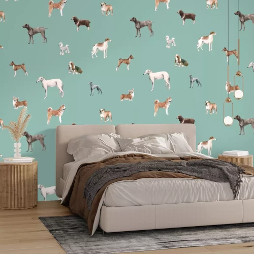 Fototapete Verschiedene Hunde auf blauem Hintergrund