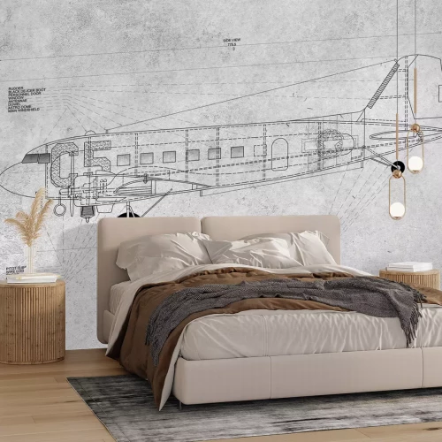 Fototapete Technische Zeichnung eines Flugzeugs auf grauem strukturiertem Hintergrund