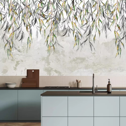 Fototapete Hängende grüne Triebe des Baumes mit Blättern