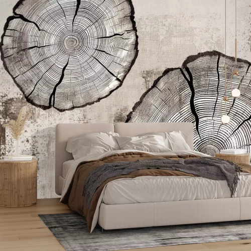 Fototapete Baumstammscheiben auf beiger Textur