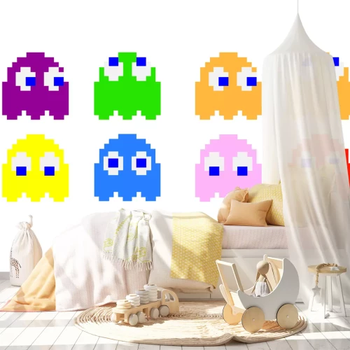 Fototapete Grafik von Pac-Man-Figuren auf weißem Hintergrund