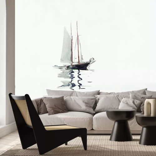 Fototapete Zarte Aquarell eines Bootes mit Segel auf dem Wasser