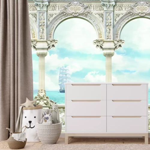 Fototapete Schiffe auf See, gesehen von einer historischen Terrasse