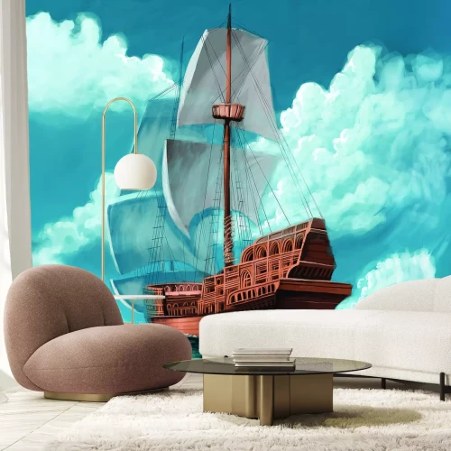 Fototapete Holzschiff mit weißen Segeln auf dem Meer