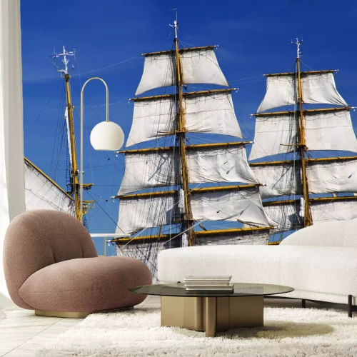 Fototapete Schiff auf See segelt neben einem Leuchtturm