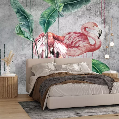 Fototapete Flamingos und tropische Blätter im Aquarellstil