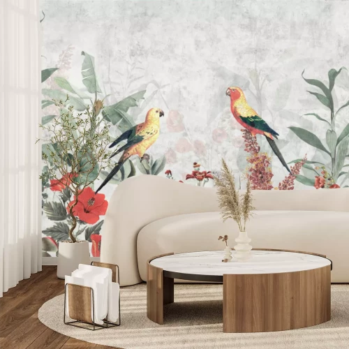 Fototapete Rote tropische Blumen, Blätter und Papageien