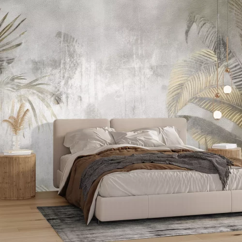 Fototapete Große tropische Palmblätter auf Betonhintergrund im Loftstil